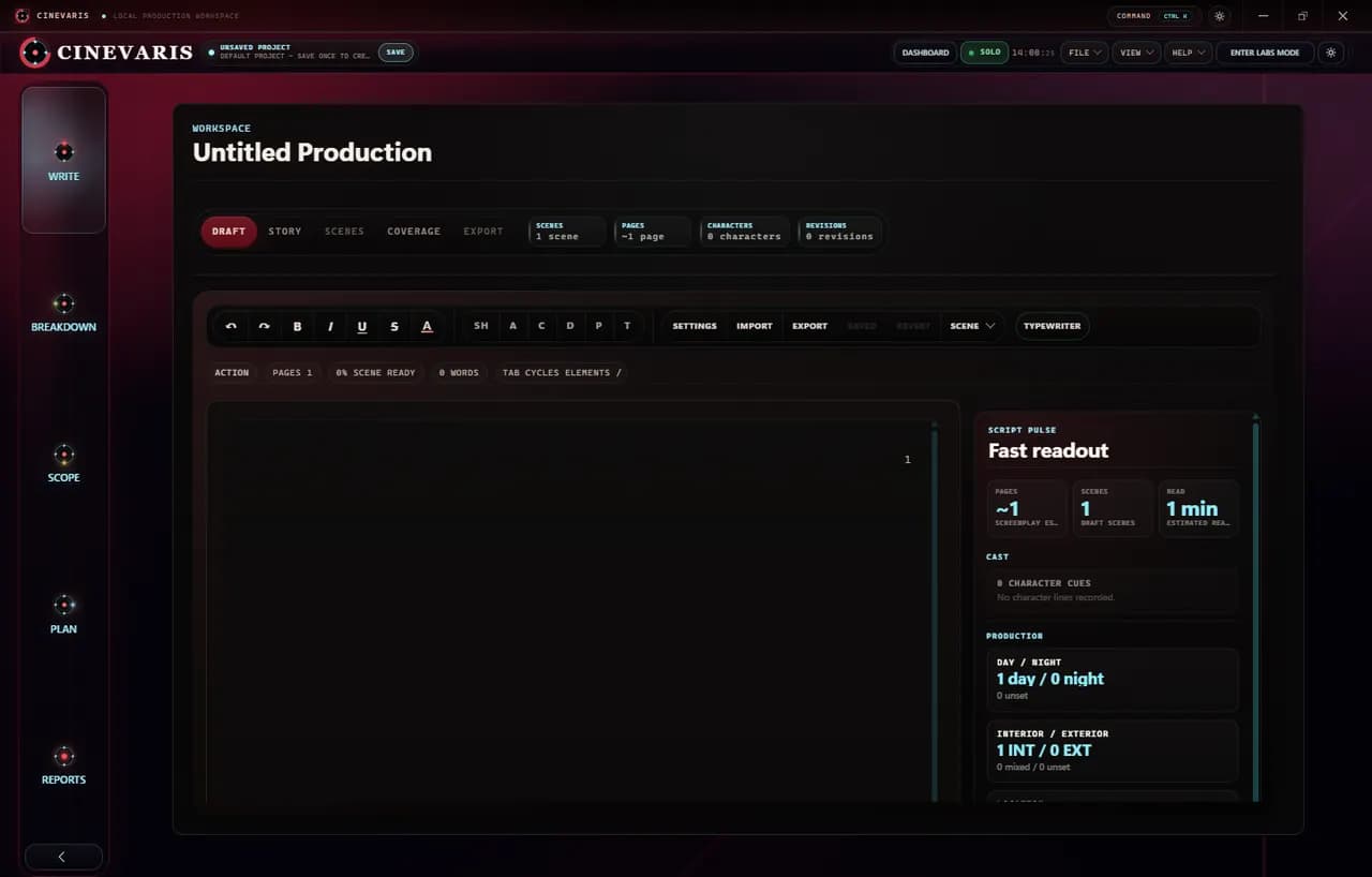 Actual Cinevaris Write workspace screenshot