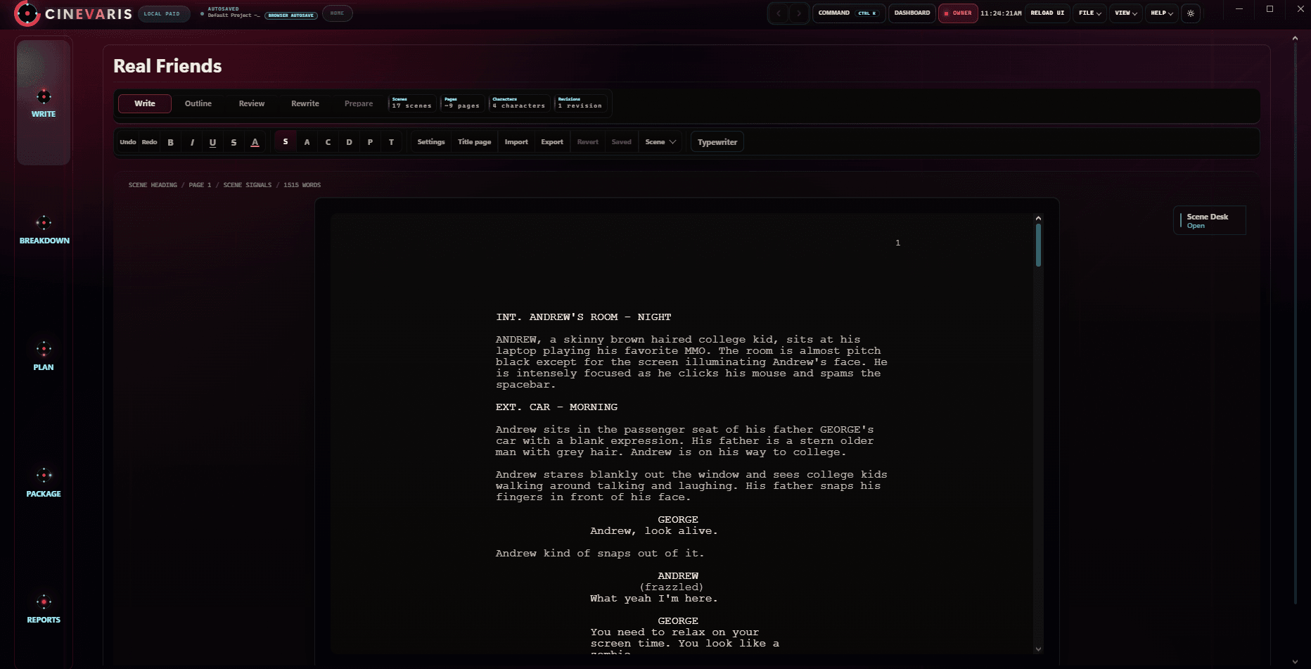 Actual Cinevaris Write workspace screenshot