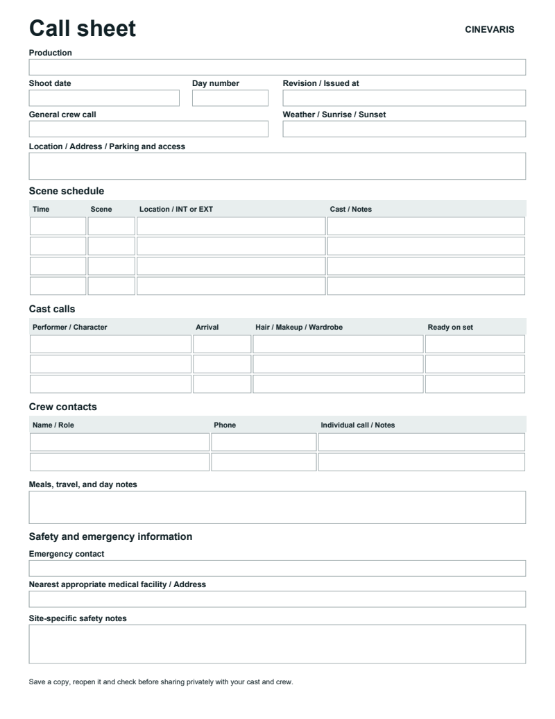 Blank call sheet with spaces for the shoot date, locations, scene schedule, cast calls, crew contacts, and safety information